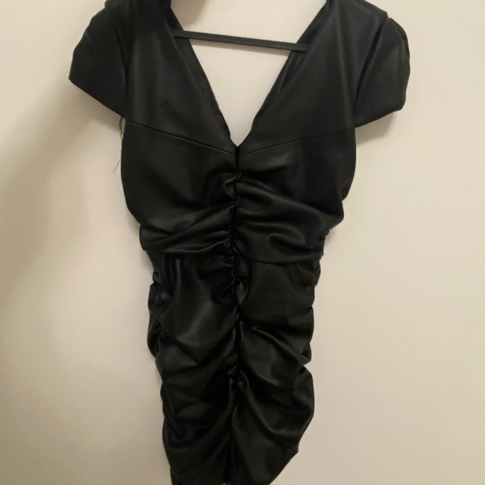 Leather ruched low neck dress
